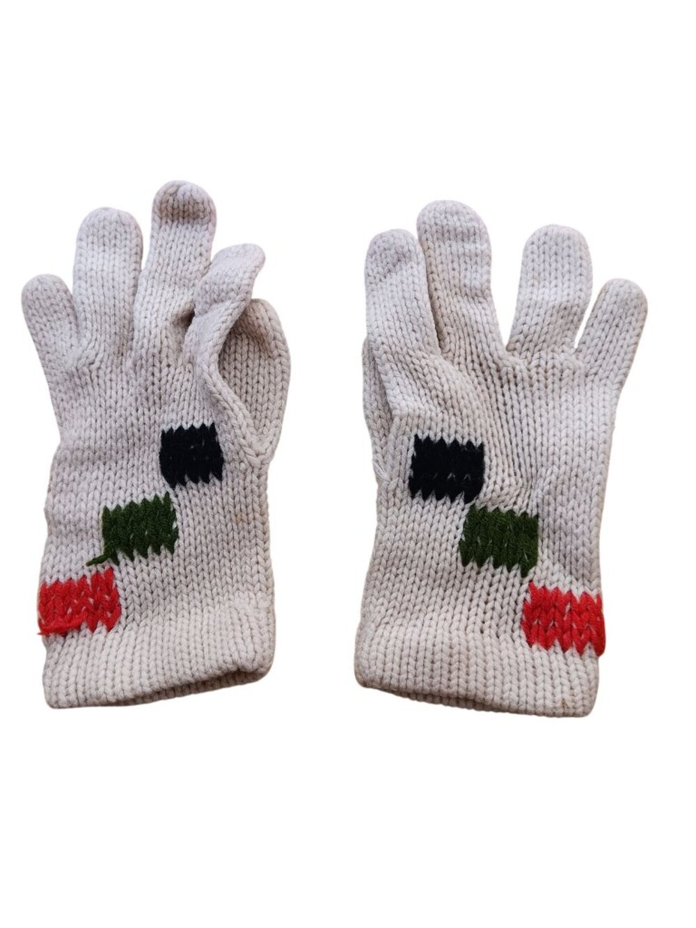 Vintage Girls Handmade Wool Knit Gloves With Red Green Black Pattern Design